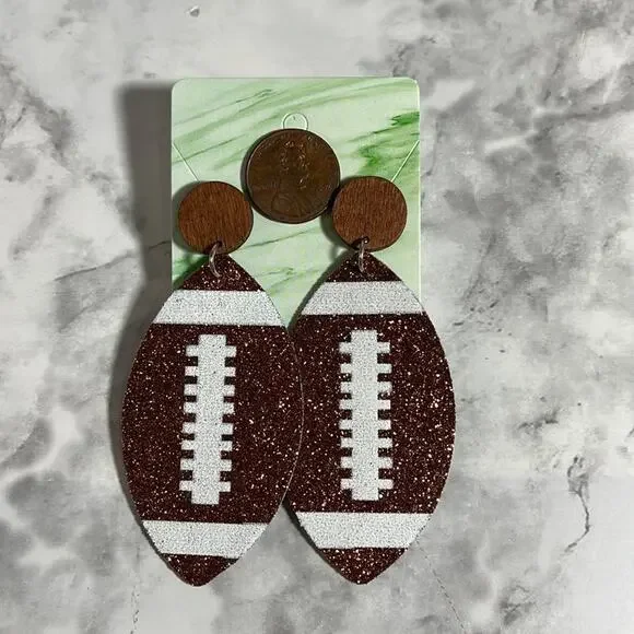 Handcrafted Faux Leather Glitter Football Earrings with Post Backs - Picture 2 of 5